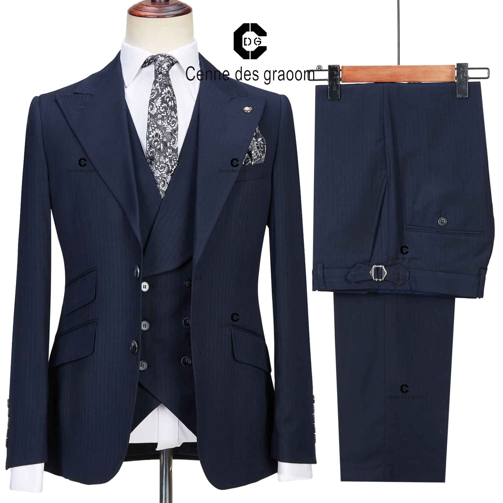 Top Trends: Cenne Des Graoom Dark Blue Pinstripe 3 Piece Classic Men Suits Blazer Vest Pants Peak Lapel Formal Business Prom Wedding Dress Shoppable Styles