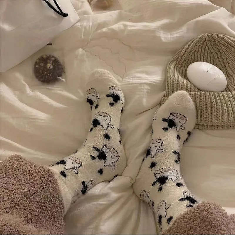 Top Trends: Cow Print Mink Plush Socks For Women Girl Mid Tube Stockings Warm Coral Velvet Sleep Floor Sock Winter Thermal Slipper Funny Sox Shoppable Styles