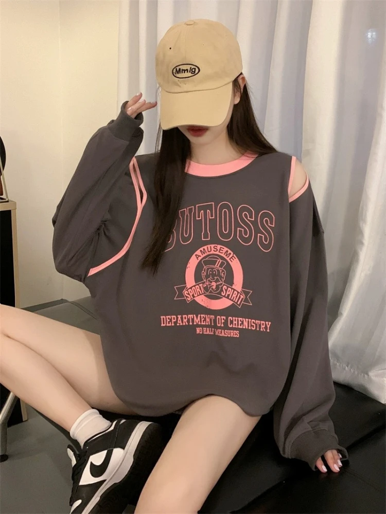 Top Trends: Deeptown Korean Style Long Sleeve Sweatshirts Women Y2k Kpop Letter Oversize Grey Pullover Harajuku Streetwear Off Shoulder Top Shoppable Styles - Image 2