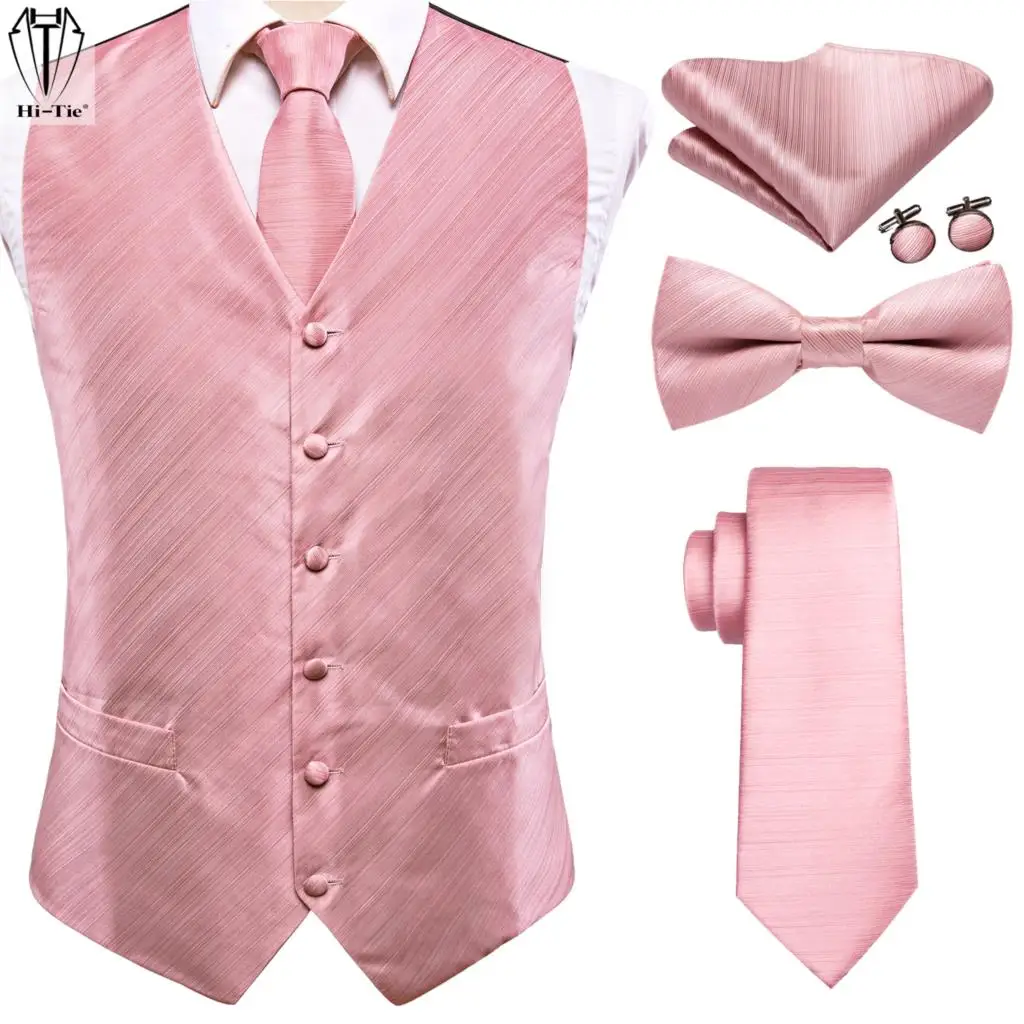 Top Trends: Hi-Tie Luxury Silk Mens Vests Rose Gold Pink Striped Waistcoat Necktie Bowtie Hanky Cufflinks Set Waist Jacket For Men Wedding Shoppable Styles