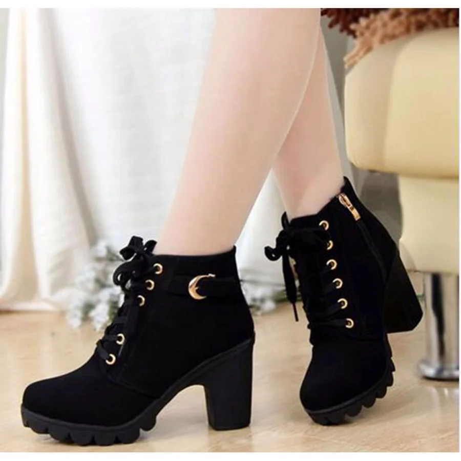 Top Trends: 2022 New Spring Winter Women Pumps Boots High Quality Lace-up European Ladies Shoes PU High Heels Boots Fast Delivery Shoppable Styles