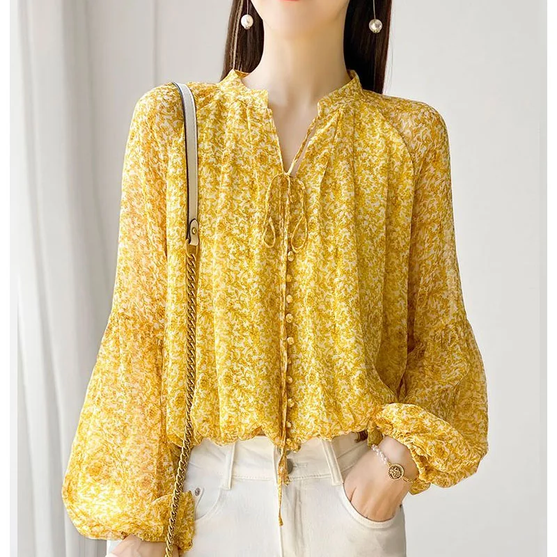 Top Trends: 2023 New Spring Loose Size Fashion Trend Yellow Fragmented Flower Imitation Silk Lantern Sleeve Set Leading Women's Style Shirt Shoppable Styles