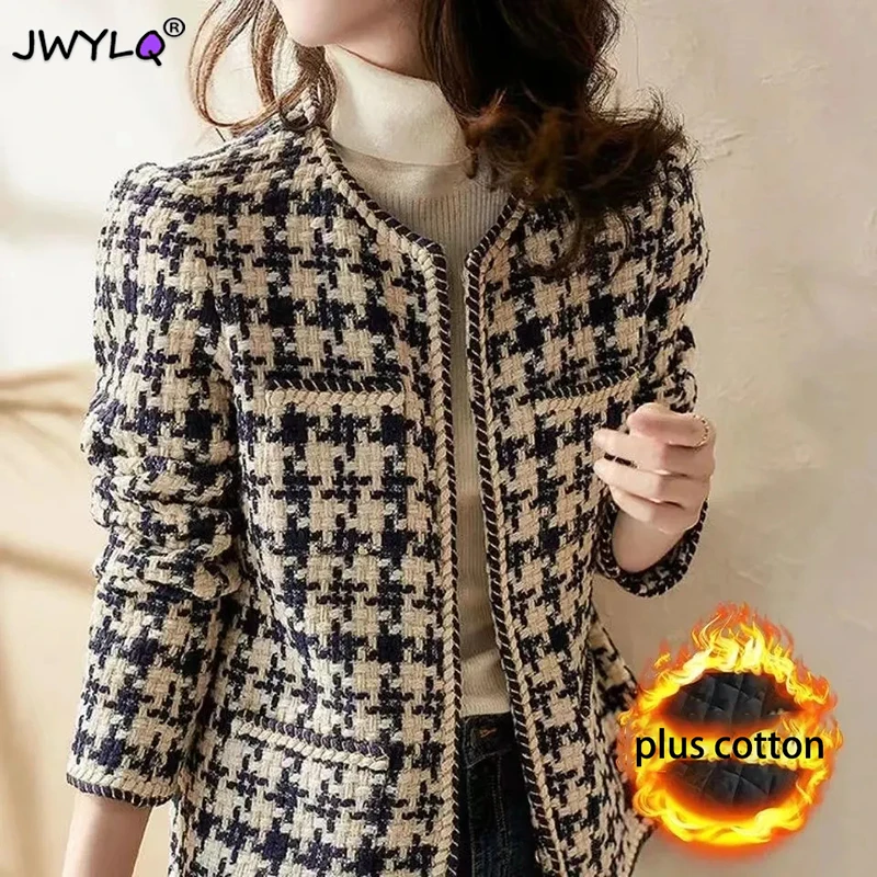 Top Trends: Vintage Houndstooth Tweed Blended Jackets For Women 2023 Jacket Short Coat Korean Fashion Long Sleeve Winter Thickening Clothes Shoppable Styles