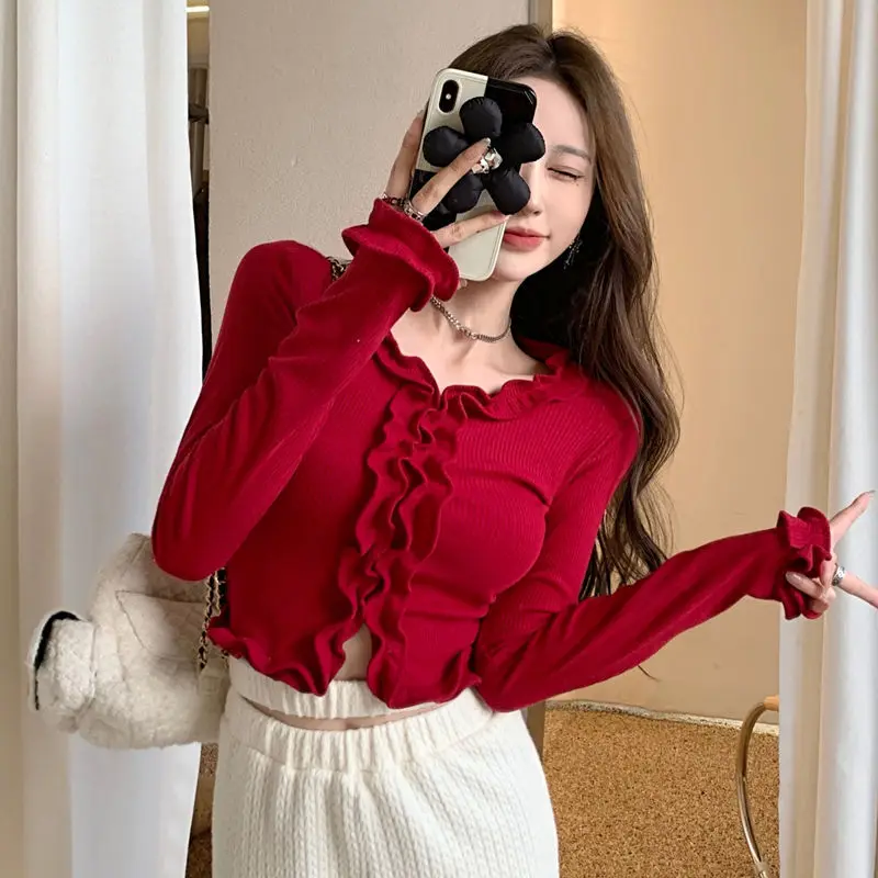 Top Trends: Ruffles Korean Fashion Pullover Vintage Knit Long Sleeve Tees Designer Tops Youth Luxury Clothing Sweater Women Shoppable Styles