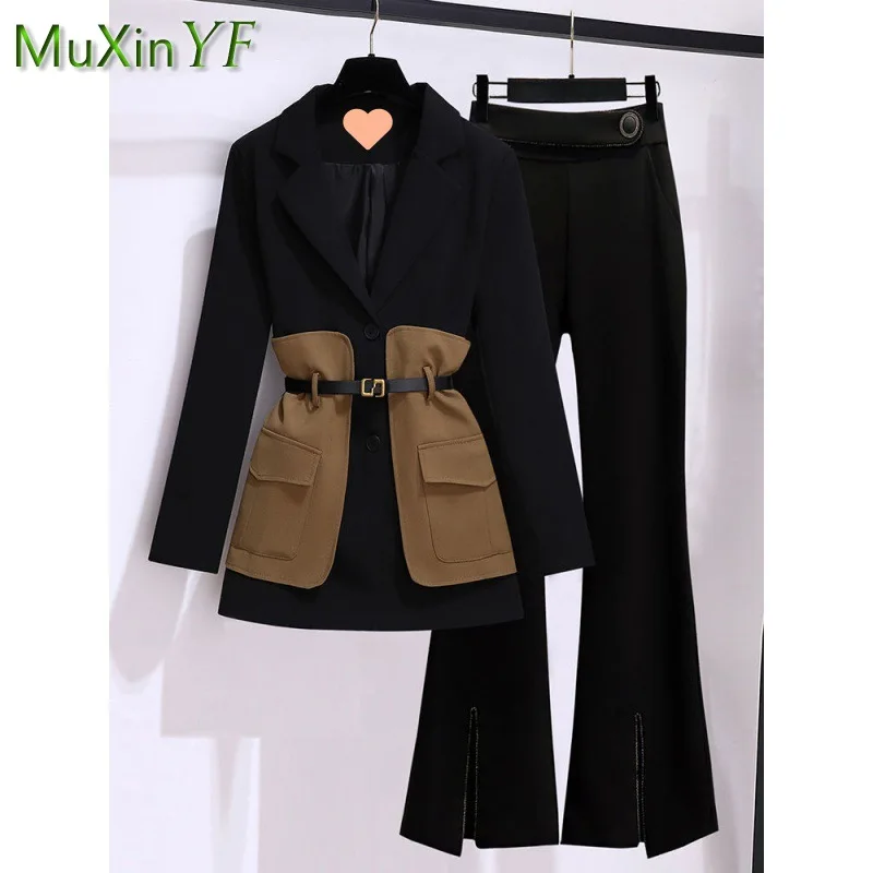 Top Trends: Women's Pants Suit 2024 Spring Fall New Patchwork Midi Suit Coat+ Micro Flare Trouser 2 Piece Korean Casual Blazers Matching Set Shoppable Styles