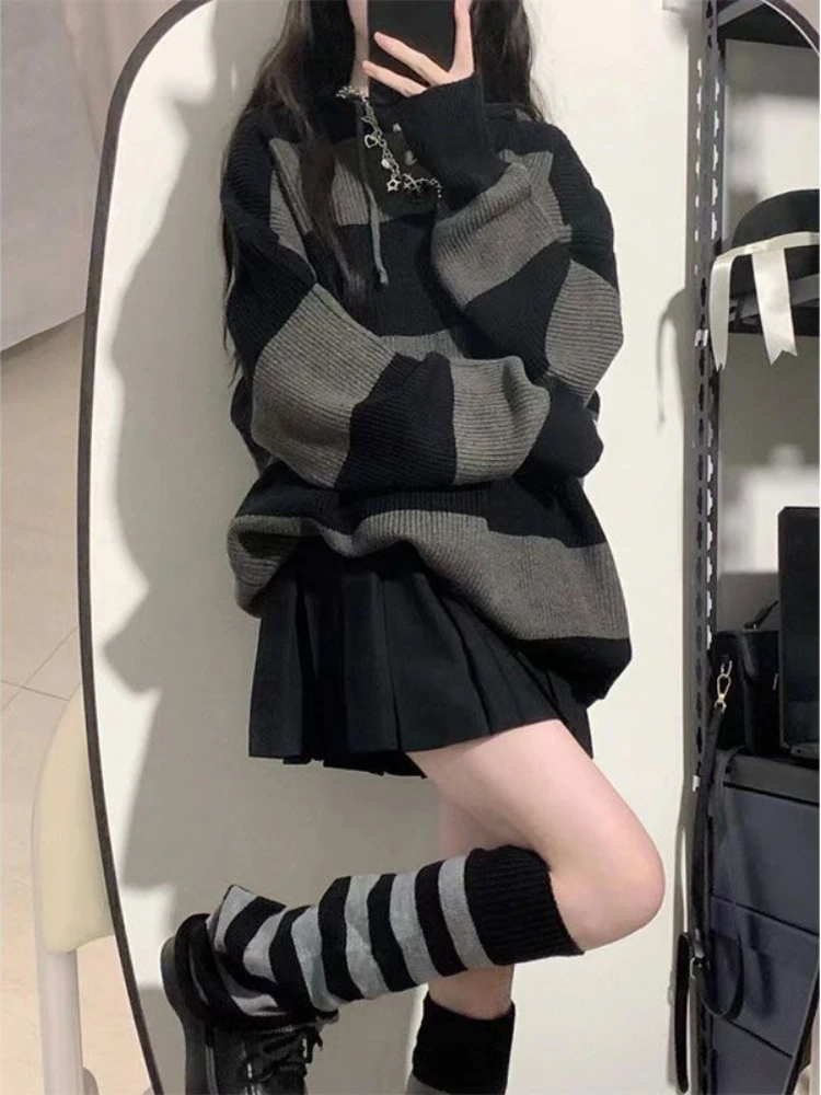 Top Trends: Deeptown Vintage Striped Hooded Sweaters Women Harajuku Gothic Knitted Jumper Retro Loose Casual Oversized Pullover Tops Grunge Shoppable Styles