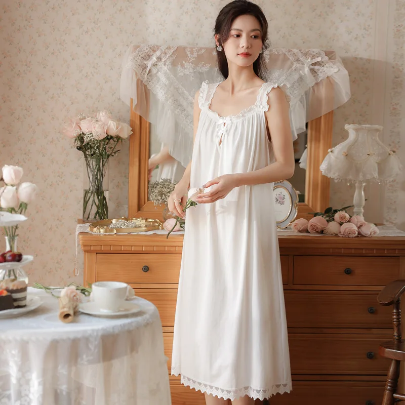 Top Trends: Summer Cotton Sleeveless Night Dress Women White Long Nightdress Sweet Lace Peignoir Victorian Nightgowns Princess Sleepwear Shoppable Styles