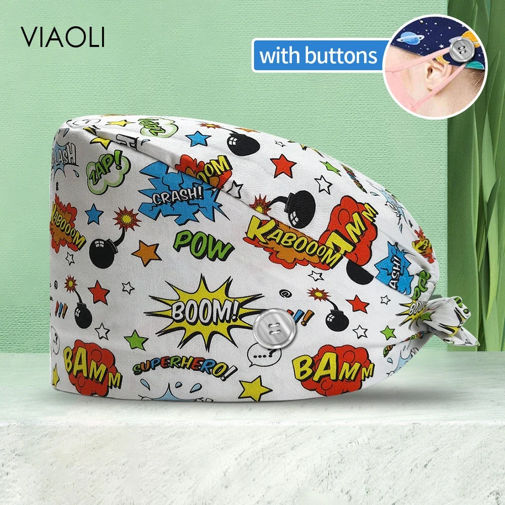 Top Trends: Cartoon Print Surgery Cap 100% Cotton Nurse Doctor Hat With Sweatband Operating Room Cap Pet Clinic Nurse Accessories Scrub Hats Shoppable Styles