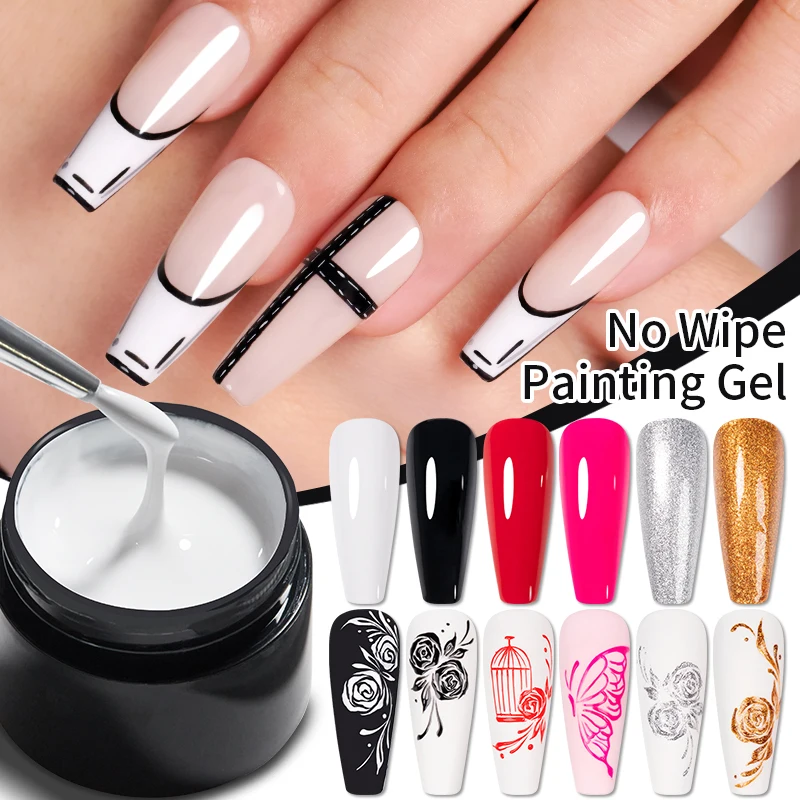 Top Trends: BOZLIN 5ml 4 In 1 No Wipe Painting Gel Varnish Black White Color Painting Liner Nail Art Glitter UV Gel Top Coat Manicure Polish Shoppable Styles