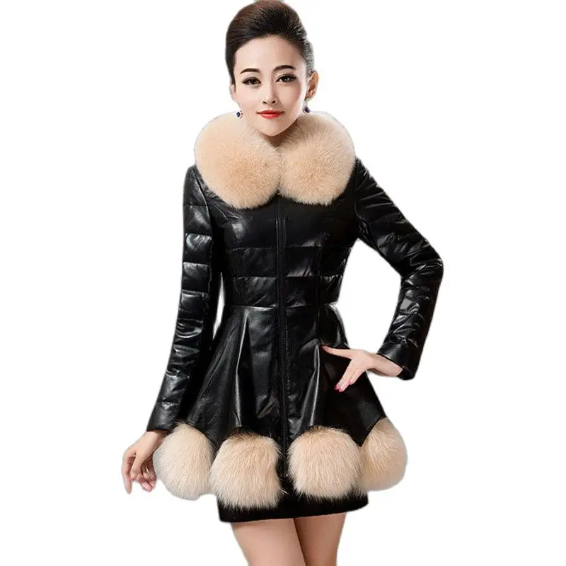 Top Trends: 2023 New Fur Slim Fashion Down Leather Coat Womens Long Winter Slim Imitation Fox Fur Collar Temperament Warm Coat Women Shoppable Styles