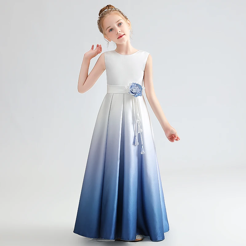 Top Trends: Dideyttawl Gradient Color Long Satin Formal Dress For Girls Blue Sleeveless Elegant Pleated Junior Bridesmaid Dresses Shoppable Styles