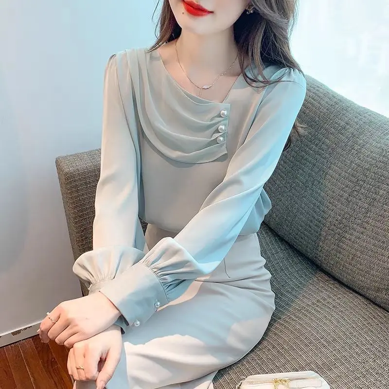 Top Trends: Spring Simplicity Commute Long Sleeve Chiffon Shirt Women's Clothing Fashion All-match Casual Beading Spliced Solid Color Blouse Shoppable Styles - Image 4