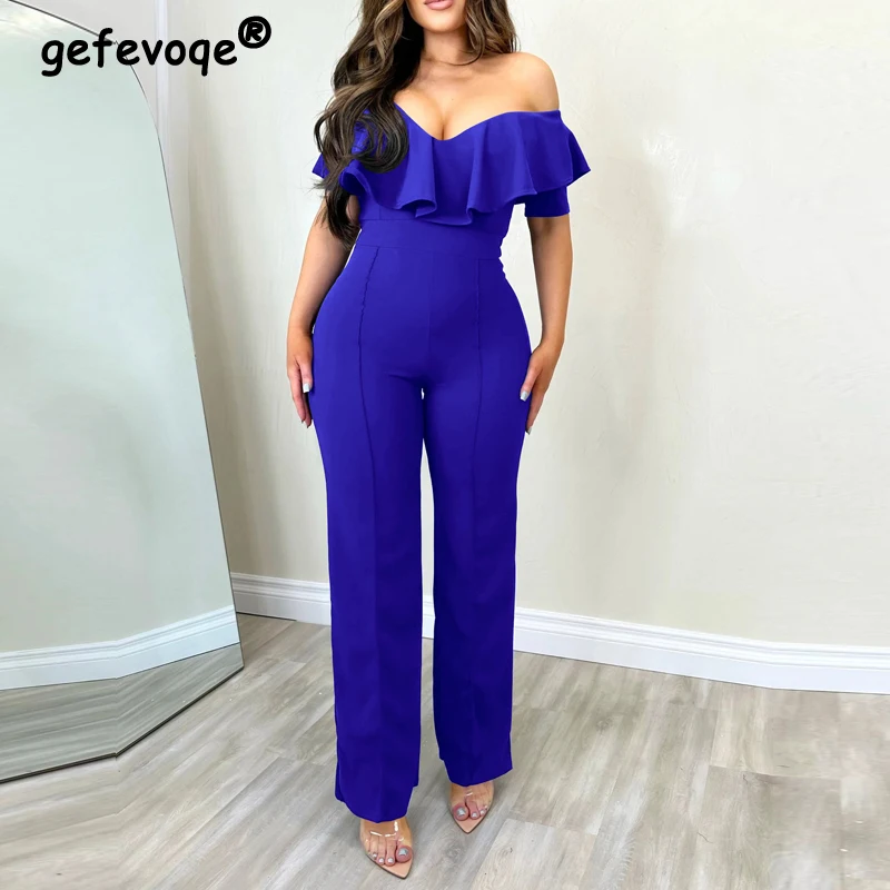 Top Trends: Women&#039;s Ruffle Sexy Deep V-neck Backless Elegant Party Jumpsuit Summer Fashion Solid Short Sleeve Slim Rompers High Waist Pants Shoppable Styles