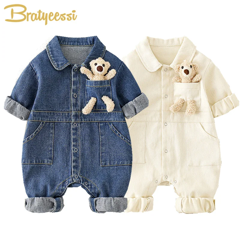 Top Trends: Denim Romper Baby Jumpsuit Cartoon Bear Korean Toddler Onesie Autumn Baby Boys Girls Clothes Infant Outfit Clothing Shoppable Styles