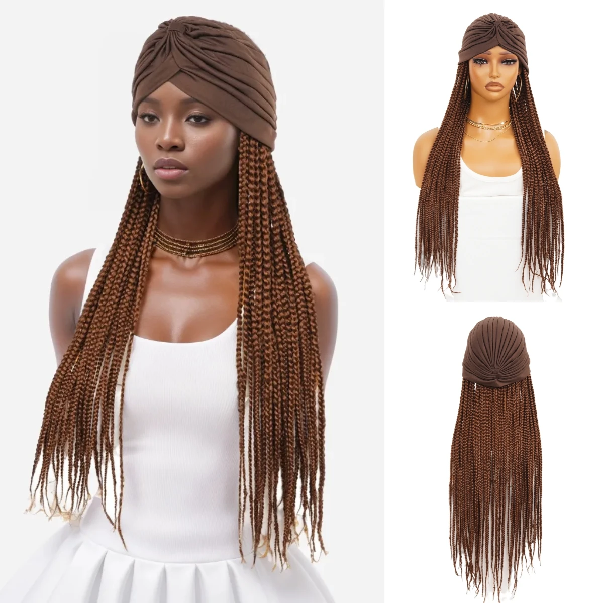 Top Trends: WIGERA Long Brown Headband Braided Synthetic 14”24’36“ Wigs With Turban Hat Box Braiding Hair Extensions Head Scarf Hairstyle Shoppable Styles