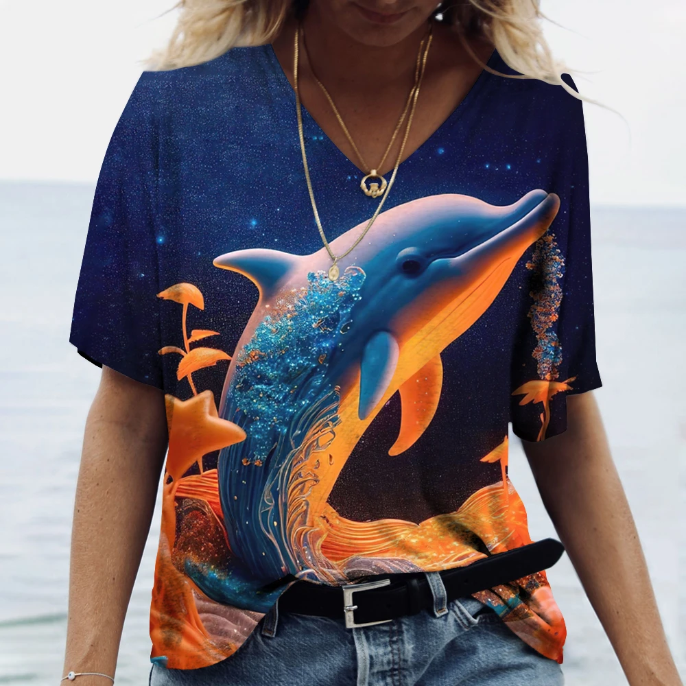 Top Trends: Women'S T Shirt 3d Animal Dolphins Print V-Neck Short Sleeve Tops Tees Streetwear Female Oversized Tshirt Fashion Woman Clothing Shoppable Styles