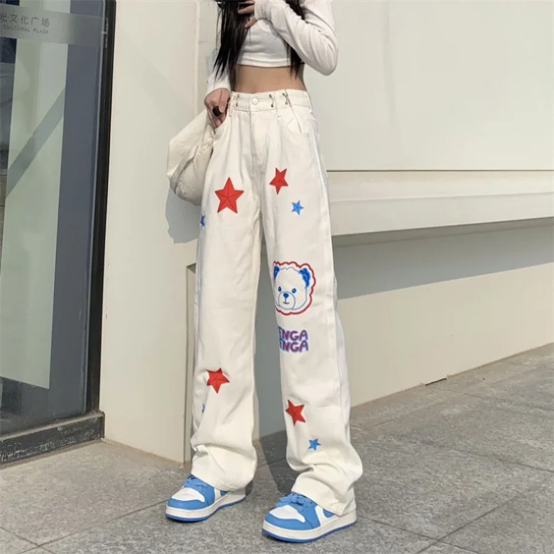 Top Trends: Streetwear Fashion Women Kawaii Jeans Spring Autumn New High Street Star Little Bear Casual High Waist All-match Loose Trousers Shoppable Styles - Image 2