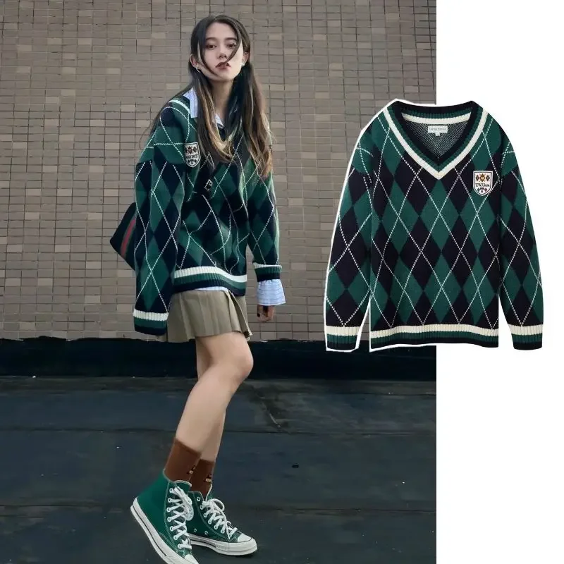 Top Trends: Deeptown Vintage Plaid V-neck Sweaters Women Oversized Harajuku Korean Fashion Preppy Style Knitted Pullovers Jk School Uniform Shoppable Styles