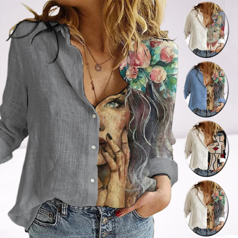 Top Trends: 2021 Spring Summer Women&#039;s Clothes Vintage Printing Long Sleeve Shirts Ladies Fashion Elegant Casual Tops Loose Lapel Blouse Shoppable Styles