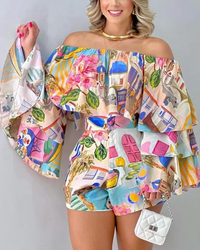 Top Trends: Fashion Summer 2023 Off Shoulder Bell Sleeve Crop Top &amp; Shorts Set Daily Graphic Print 2 Piece Outfits Vacation Sexy Short Sets Shoppable Styles