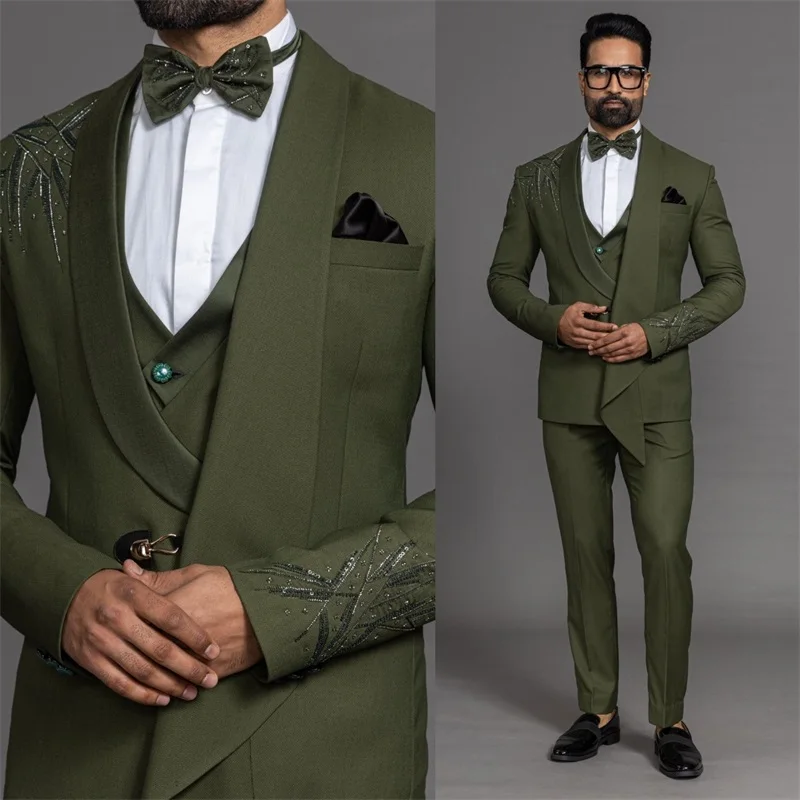 Top Trends: 3 Pieces Sequins Men Office Suits Set For Wedding Oliver Green Formal Beads Groom Tuxedo Business Jacket+ Pants+ Vest Custom Made Shoppable Styles