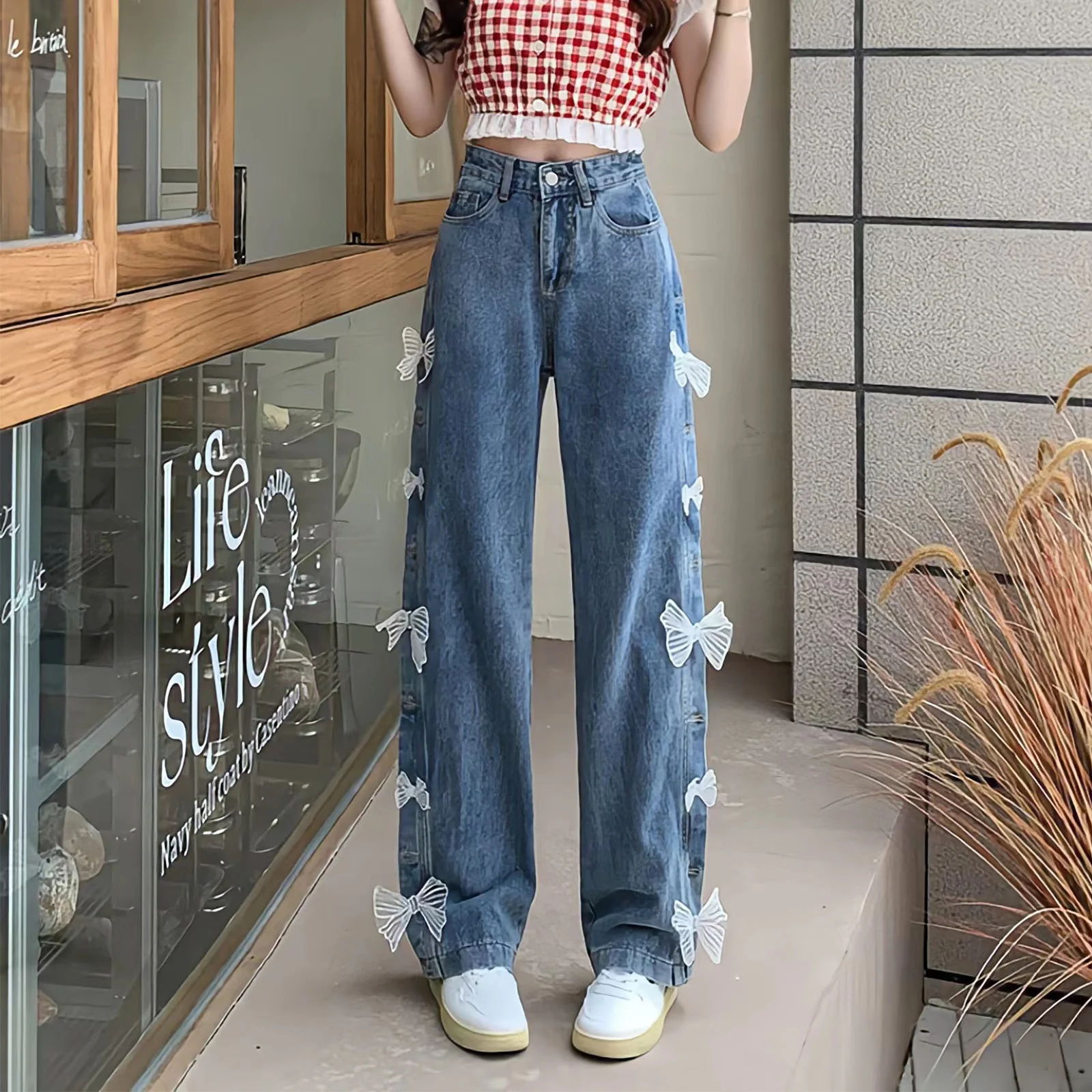 Top Trends: Kawaii Casual Sweet High Waist Lace Bow Loose Straight Denim Pants Y2k New Korean Fashion Harajuku Streetwear Wide Leg Trousers Shoppable Styles