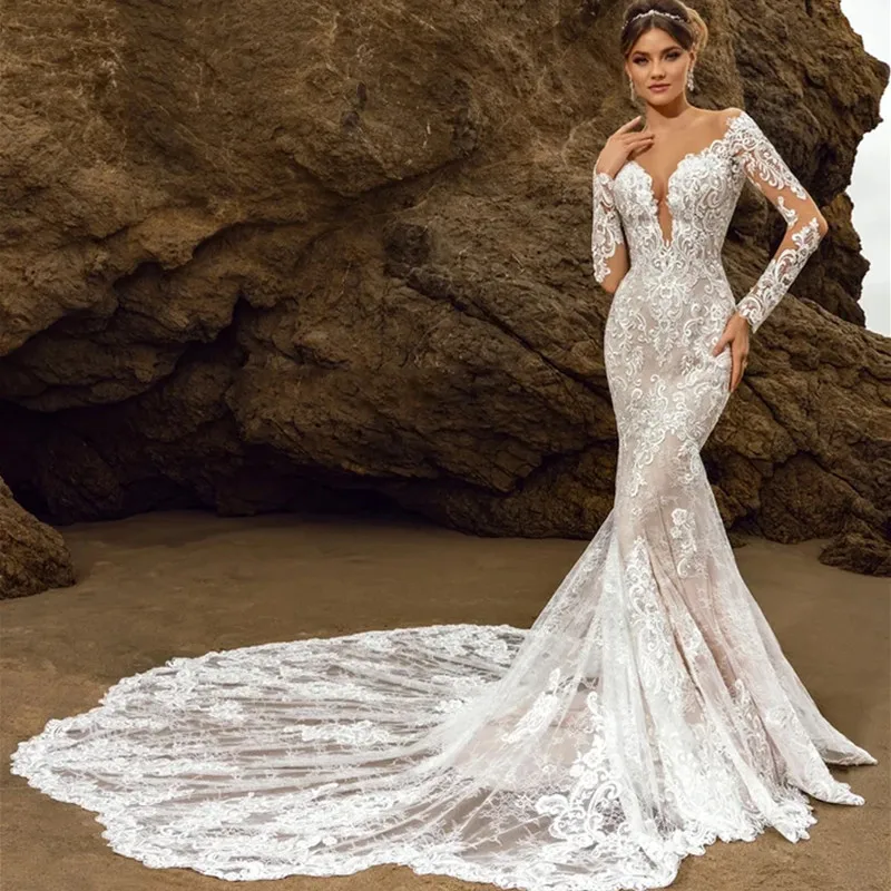 Top Trends: Exquisite Mermaid Long Sleeve Wedding Dress Lace Appliques Bridal Gowns For Women Sexy Deep V-Neck Backless Vestido De Novia2024 Shoppable Styles