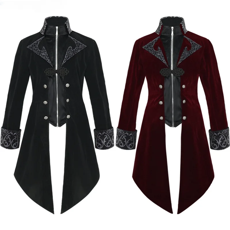 Top Trends: Women Men Medieval Dress Costume Velet Stand Collar Tailcoat Gothic Vampire Cosplay Jacket Coats S-5XL Shoppable Styles