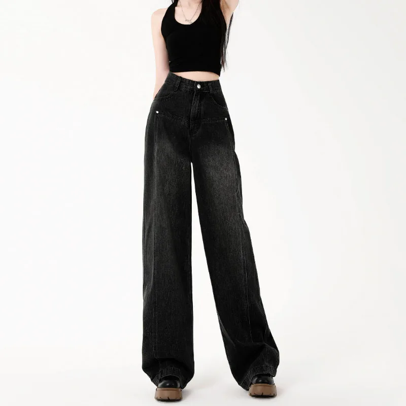 Top Trends: Black Gray Vintage Women Wide Leg Jeans Simple Straight Oversized High Waist Pants Spring Autumn Fashion Casual Denim Trousers Shoppable Styles