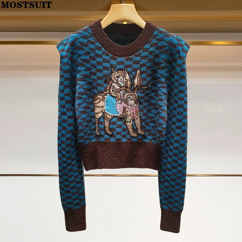 Top Trends: Cartoon Embroidered Argyle Knit Sweater For Women Crop Tops Knitwear 2023 Autumn Winter Long Sleeve O-neck Vintage Chic Jumpers Shoppable Styles