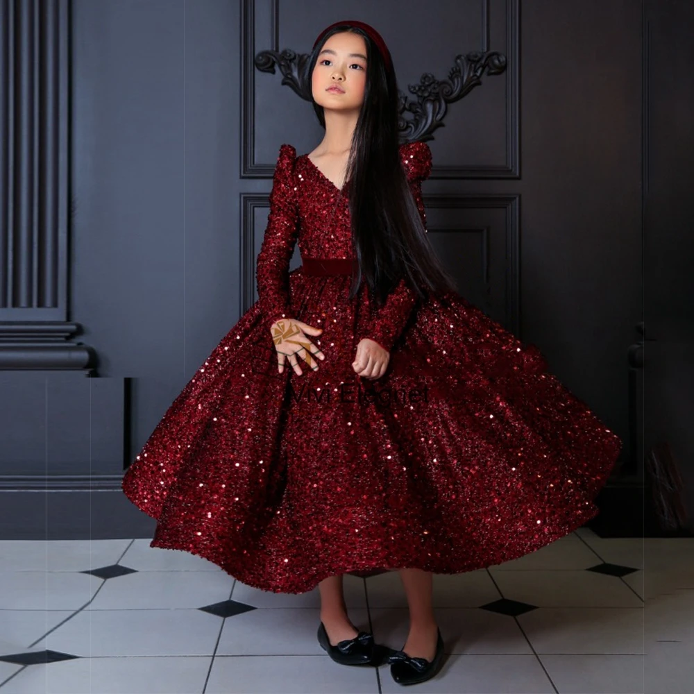 Top Trends: Burgundy Full Sleeve Flower Girl Dresses With Bow Strapless Sequined Ankle Length Shinny Christmas Gown With Belt فساتين اطفال ل Shoppable Styles