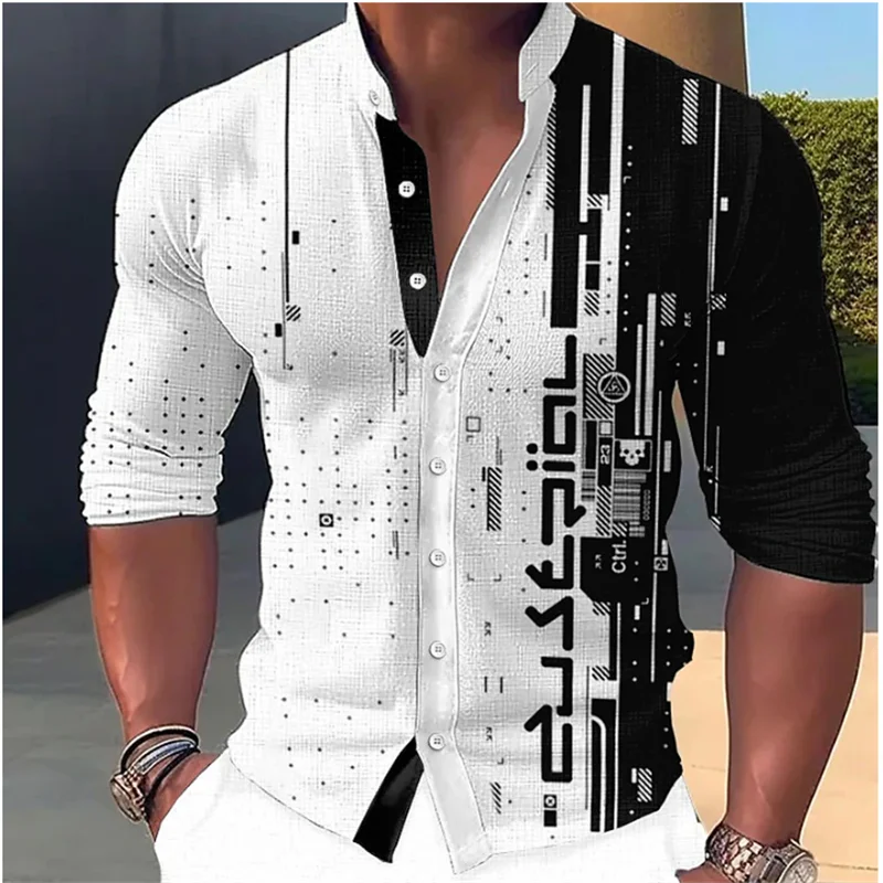 Top Trends: 2023 Men&#039;s Shirt Pattern Printing Geometric Stand Collar White Outdoor Street Long Sleeve Clothing Fashion Streetwear Designer Shoppable Styles