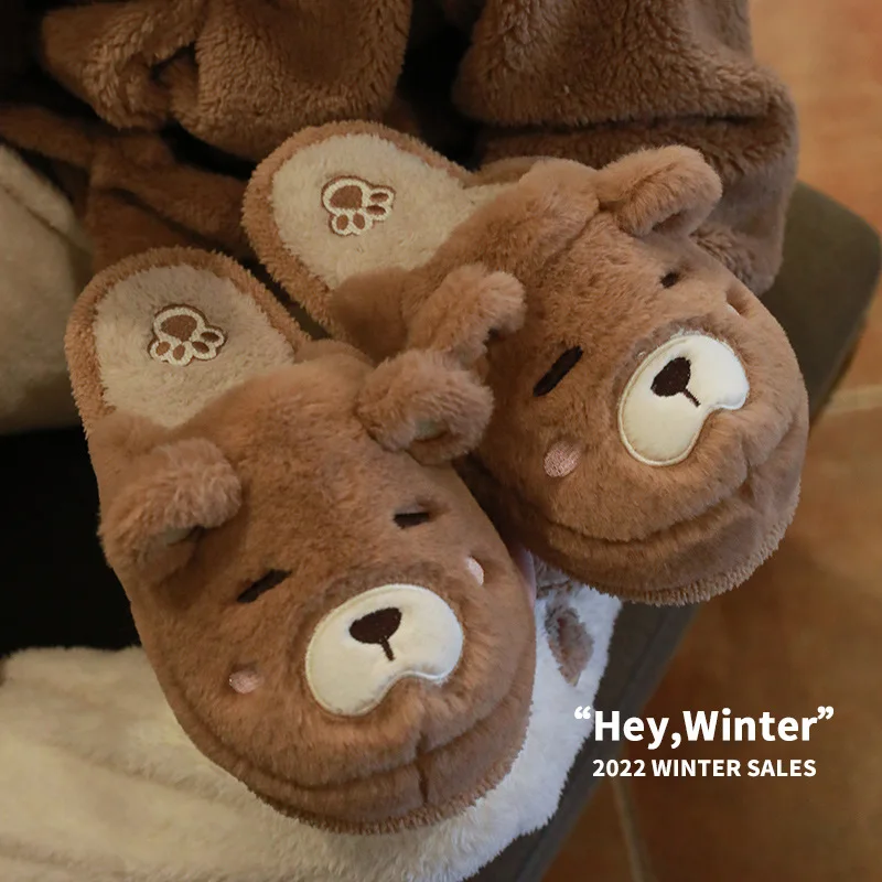 Top Trends: Cartoon Bear Slipper For Women Winter Indoor Warm Faux Fur Shoes Flip Flops Cute Animals Plush Platform Ladies Home Slippers Shoppable Styles