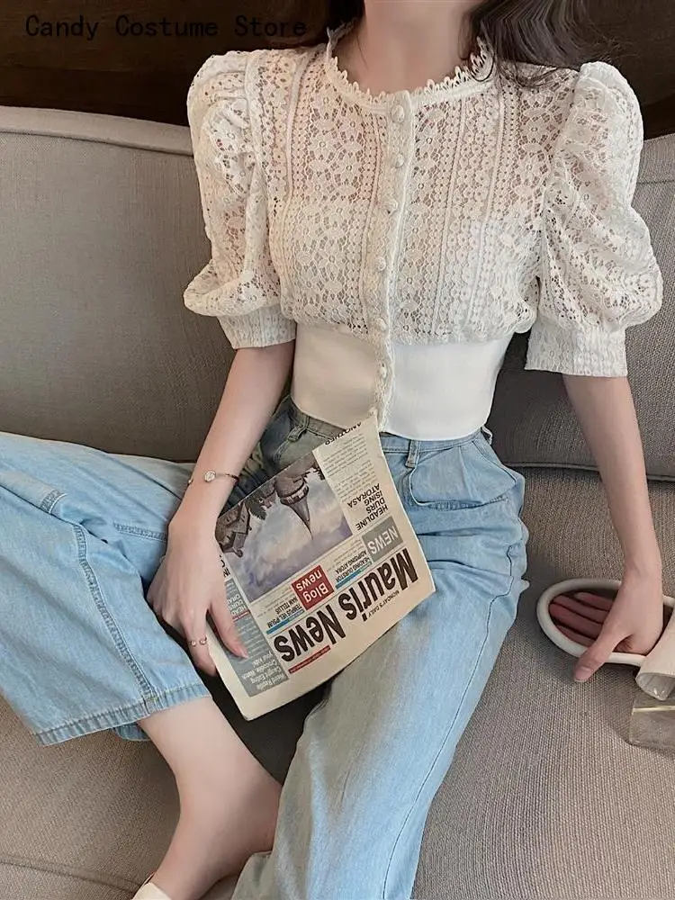 Top Trends: Out Shirt Vintage Puff Sleeve Korean Women Shirts Fashion Chic Tops Crochet Top Blouse Women Sexy Hollow Shoppable Styles