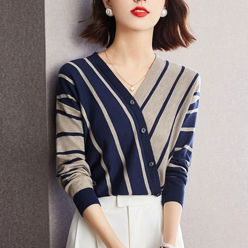 Top Trends: 2023 Autumn And Winter New Elegant And Versatile Temperament Women&#039;s Clothing Splice Button V-Neck Long Sleeve Stripe Pullover Shoppable Styles