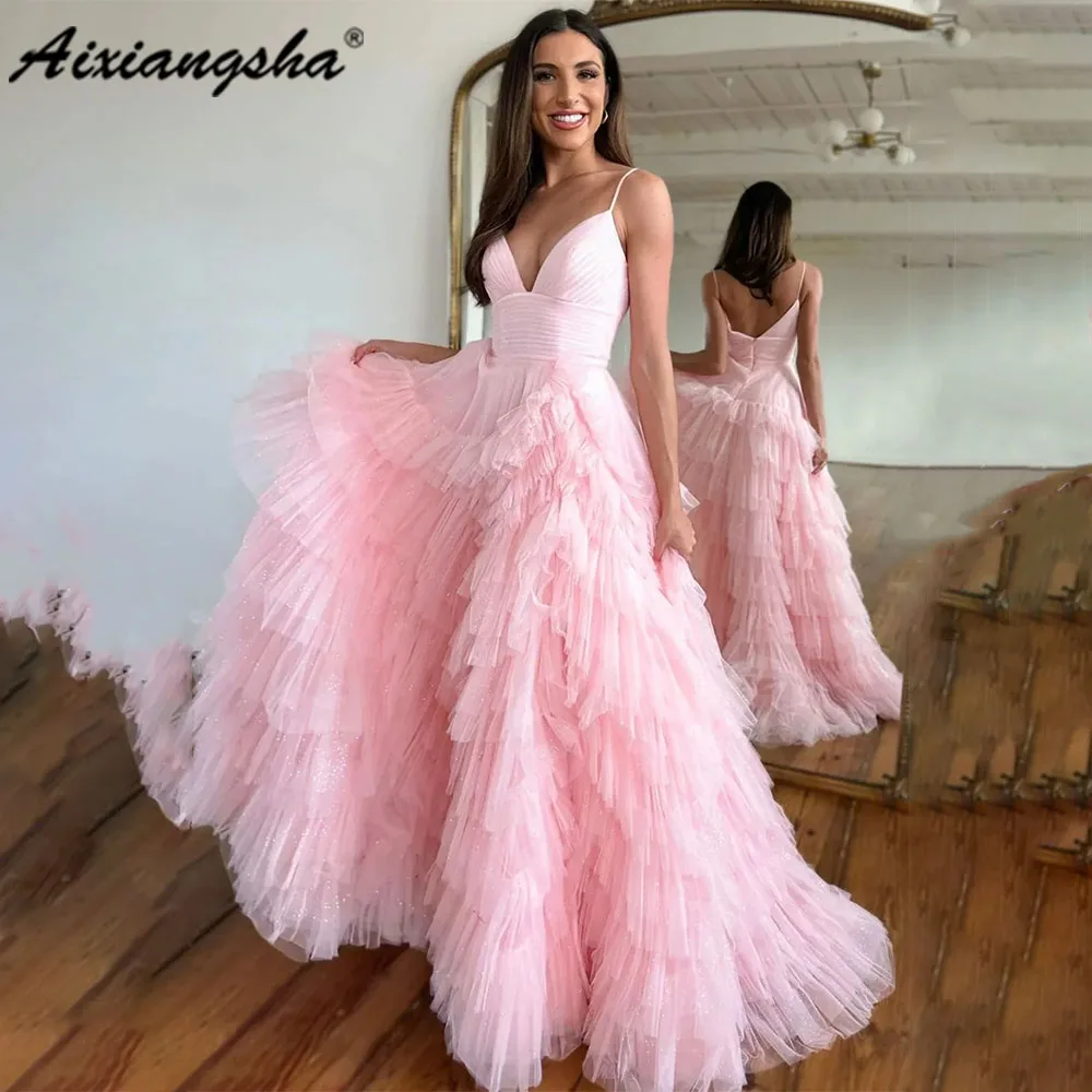 Top Trends: Aixiangsha Light Pink Tulle Tiered A-Line Long Prom Dress Evening Dress Pleat Vestidos De Noche For Elegant Women Custom Made Shoppable Styles