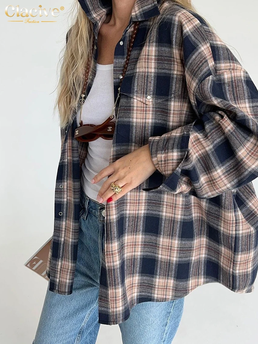 Top Trends: Clacive Fashion Loose Plaid Women Shirts 2023 Elegant Lapel Long Sleeve Office Blouses Vintage Classic Blusa Top Female Clothing Shoppable Styles