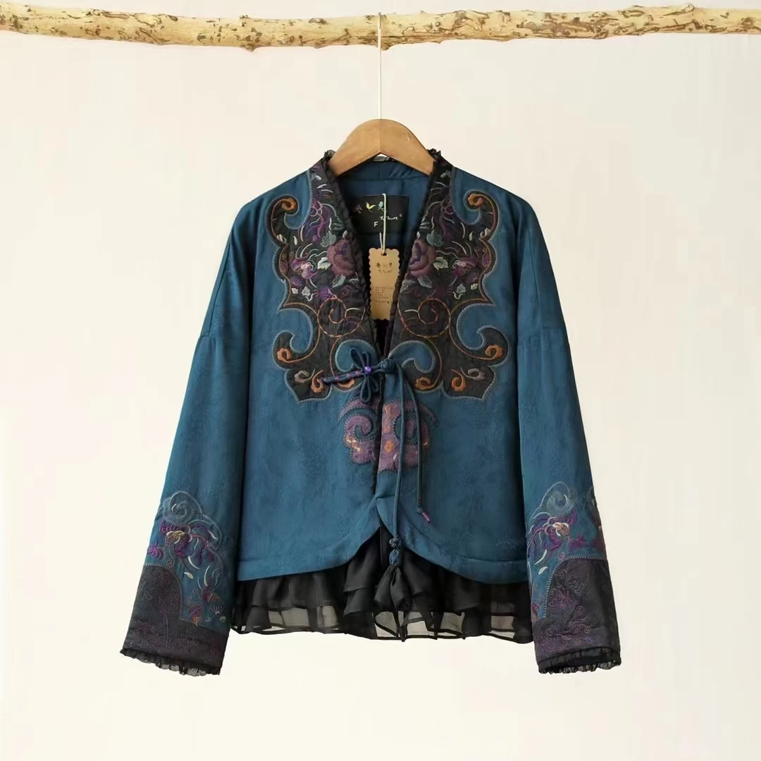 Top Trends: Winter Coat Women's Jacket Embroidery Ethnic Style Blue Quilted Jacket Ladies Padded Short Coat Vintage Lace Edge Warm Jackets Shoppable Styles