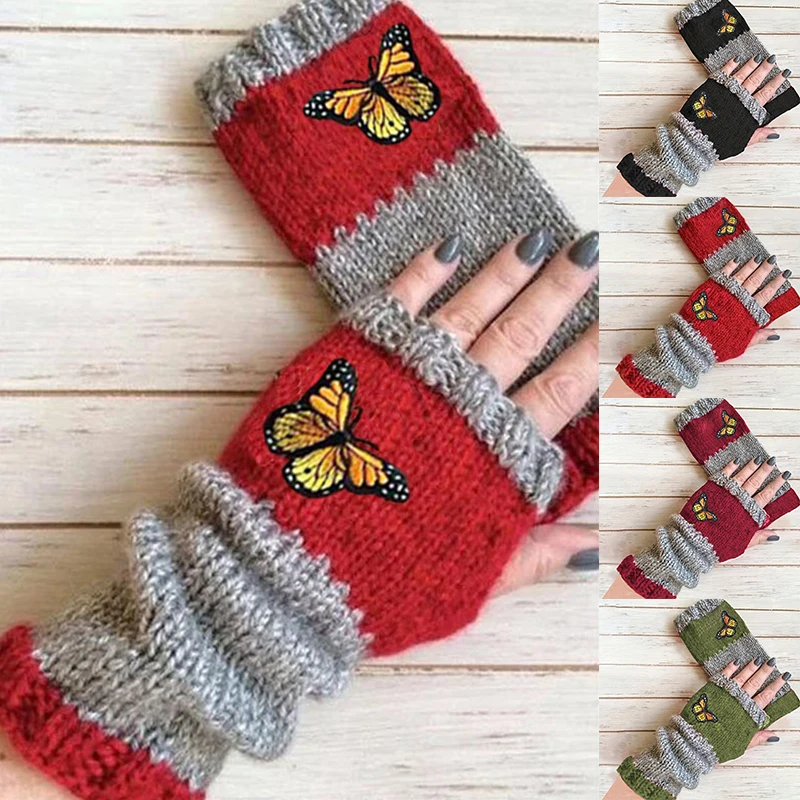 Top Trends: Retro Knitted Gloves For Women Butterfly Embroidery Pattern Wool Knitted Fingerless Mittens Girls Winter Gloves Christmas Gift Shoppable Styles