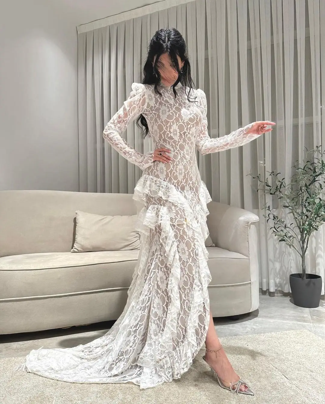 Top Trends: Elegant Women Mermaid Long Sleeves Lace Prom Dresses O-Neck Hi-Lo Saudi Arabia Evening Gowns 2023 Formal Party Dress Shoppable Styles