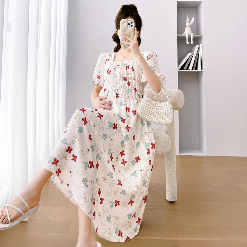 Top Trends: Green Pink Floral Dress For Maternity Puff Sleeve Fashion Printing Pregnant Woman Chiffon Dress Pregnancy Holiday Clothes Sweet Shoppable Styles