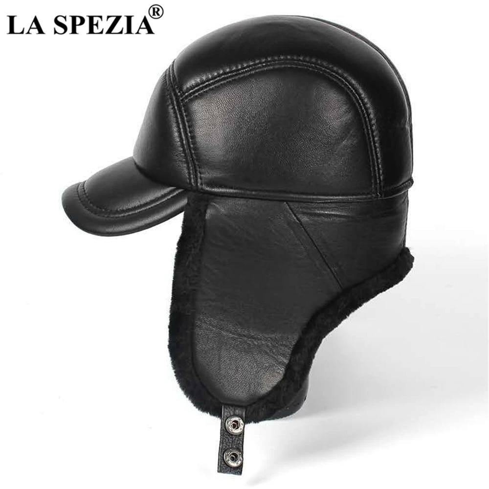 Top Trends: LA SPEZIA Winter Hat Men Genuine Leather Sheepskin Bomber Hat Earflap Black Warm Thick Ski Snow Windproof Male Russian Hat Shoppable Styles