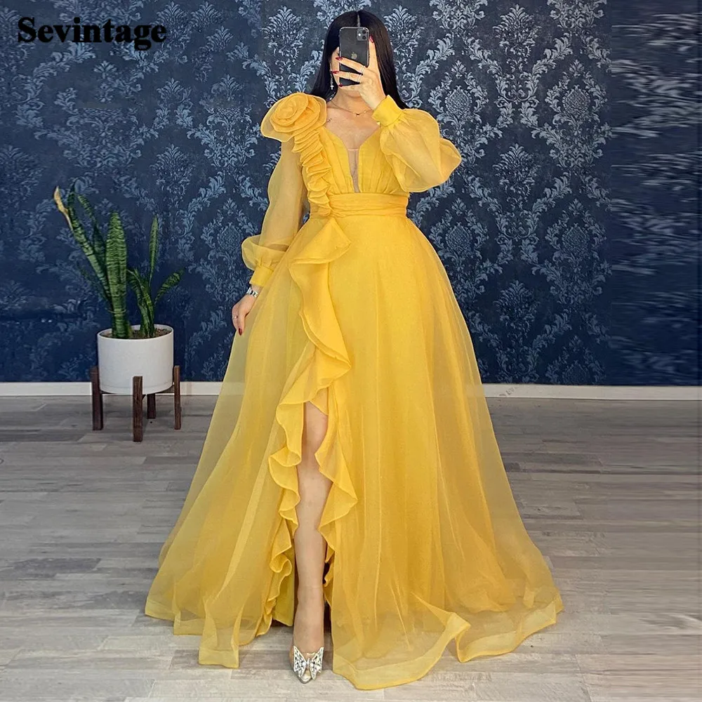 Top Trends: Sevintage Yellow Organza Long Sleves Prom Dresses Ruffles High Slit V-Neck Evening Gowns Women Formal Special Wedding Dress Shoppable Styles