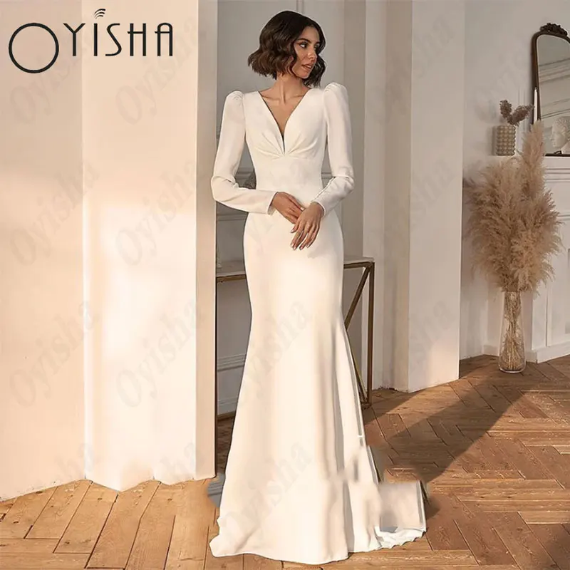 Top Trends: OYISHA V-Neck Mermaid Wedding Dresses Classic Long Sleeves Satin Bridal Gowns For Woman Sexy Backless Simple Vestido De Mariages Shoppable Styles