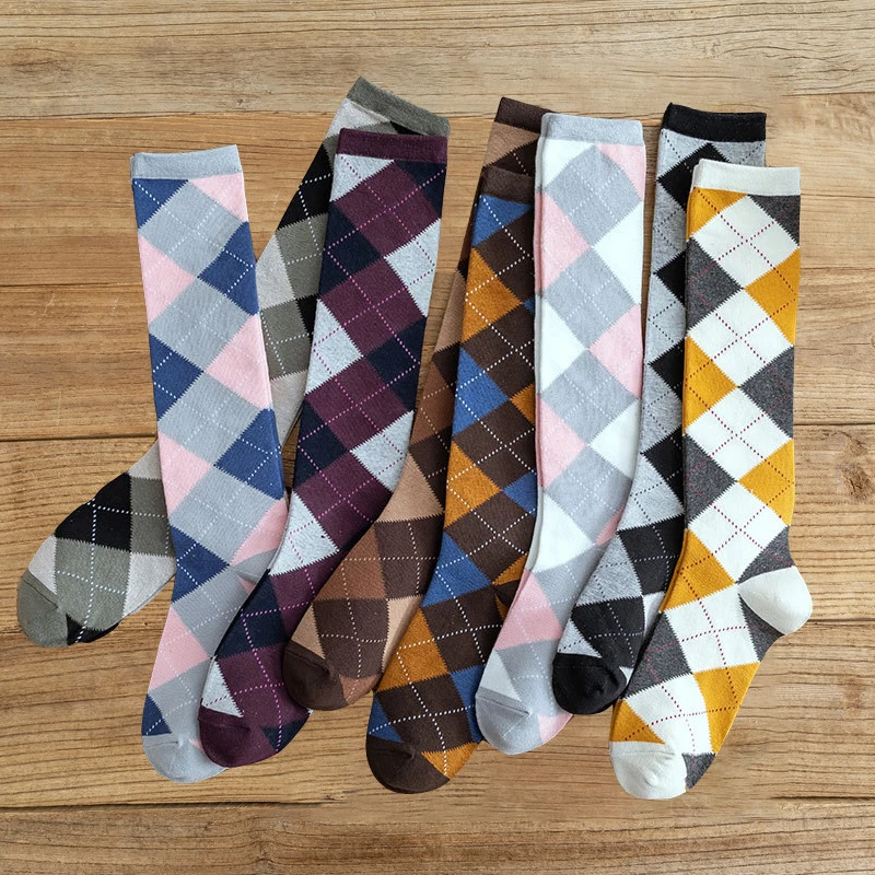 Top Trends: Preppy Style Retro Mid Calf School Collage Diamond Plaid Argyle Knitted Socks For Women Grey Purple Yellow Shoppable Styles