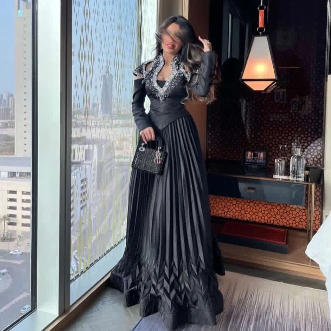 Top Trends: Fashionvane Black Pleats A Line Dresses Dubai Evening Handmade Beaded Neckline Long Sleeves Pageant Party Prom Formal Gowns Shoppable Styles