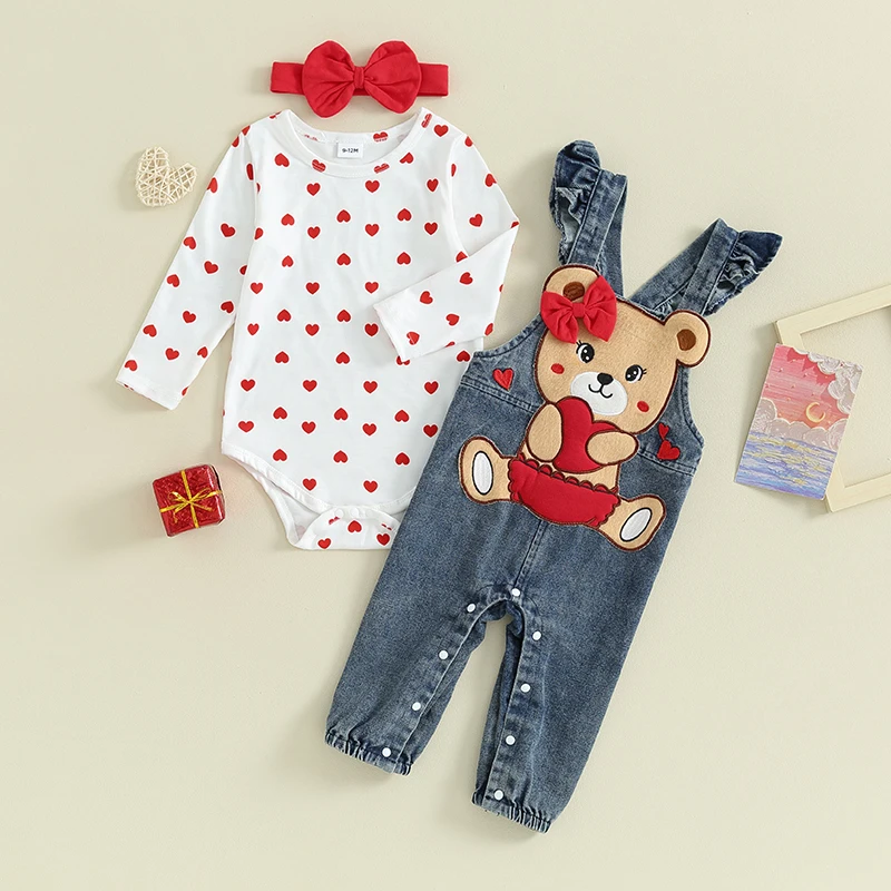 Top Trends: 0-18 Months Listenwind Baby Girl Valentine&#039;s Day Clothes Heart Print Romper With Bear Embroidery Denim Overalls Pants Headband Shoppable Styles