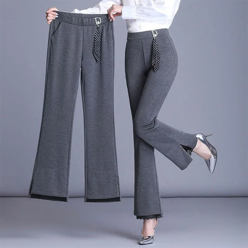 Top Trends: Office Lady Korean Solid Flare Pants Spring Autumn New Women Streetwear Fashion Splicing Lace High Waist Loose Wide Leg Trousers Shoppable Styles