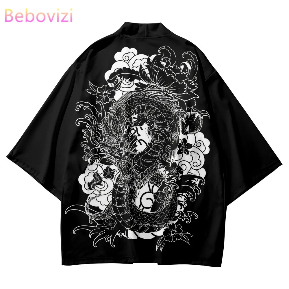 Top Trends: Black And White Drawing Cartoon Dragon Print Traditional Kimono Men Women Cosplay Cardigan Yukata Shirt Japanese Samurai Haori Shoppable Styles