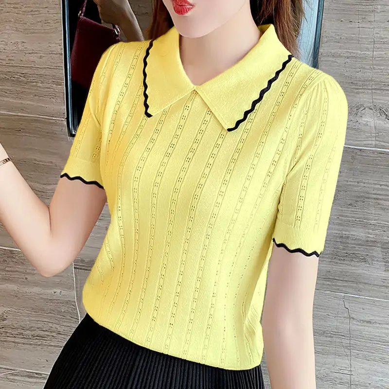 Top Trends: 2023 New Summer Fashion Commuting Simple Doll Neck Contrast Small Fragrance Hollow Hole Knitted Short Versatile Women's T-shirt Shoppable Styles